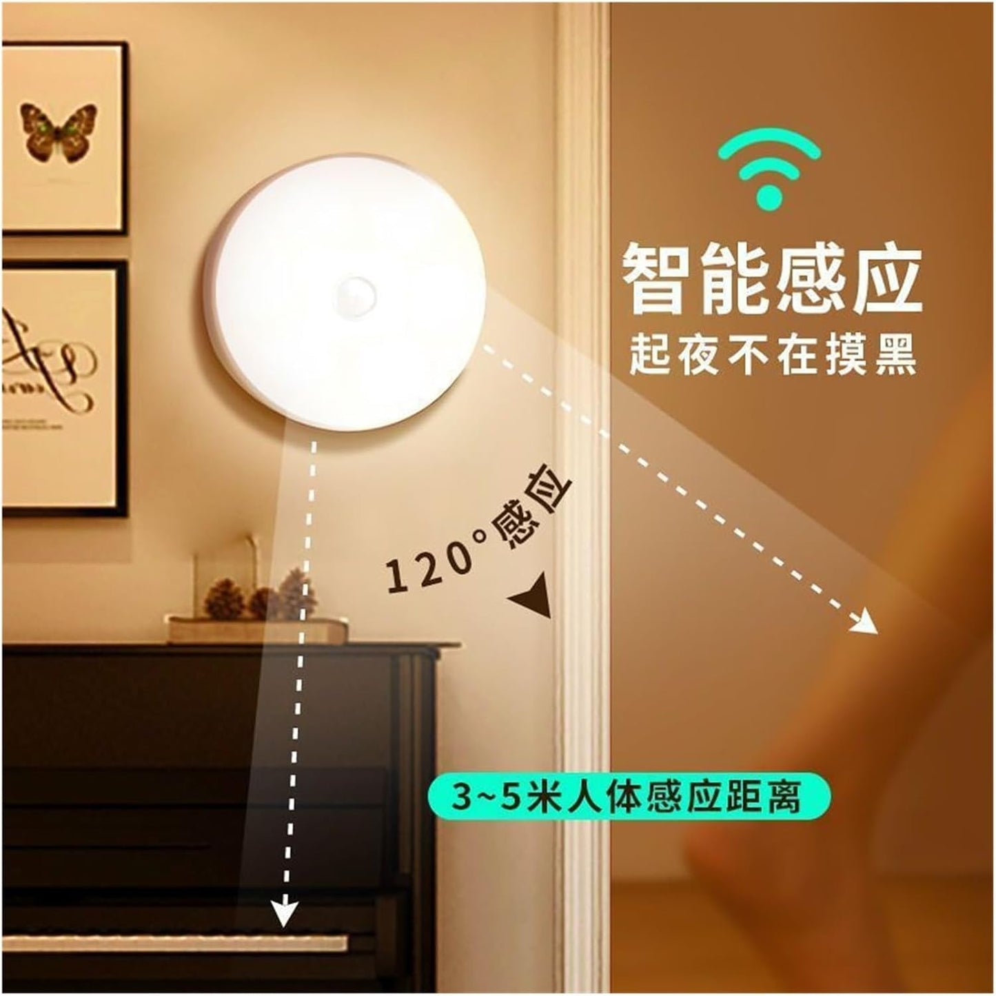 Round lamp intelligent human body induction lamp bedside bedroom cabinet staircase automatic light control magnetic charging mini night light without switch ( Size : Induction warm light , Color : 3W
