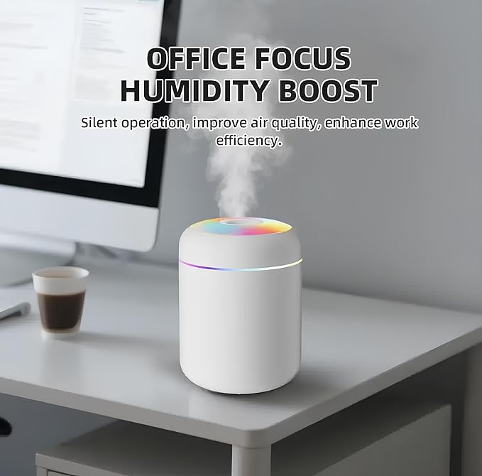 Portable Colorful Mini Humidifier- Essential Oil Diffuser - H2O Humidifier 300 ml USB Air for Bedroom, Car, Office, Desktop with Light & 2 Mist Modes