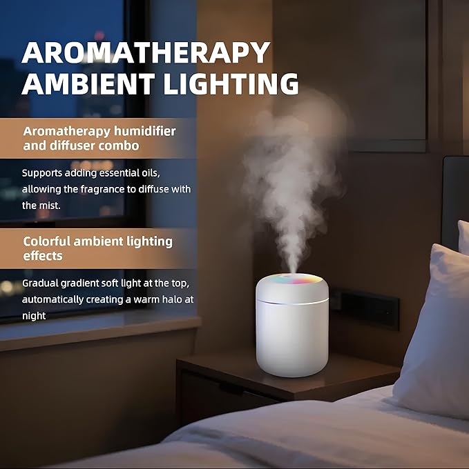 Portable Colorful Mini Humidifier- Essential Oil Diffuser - H2O Humidifier 300 ml USB Air for Bedroom, Car, Office, Desktop with Light & 2 Mist Modes