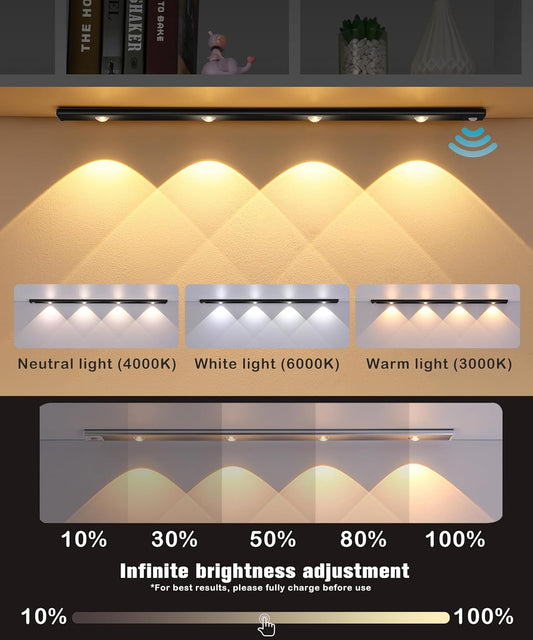 Motion Sensor Cabinet Light, LED Wardrobe/Closet Light, Human Body Induction, 3 Dimming Modes, USB Rechargeable, 30-Day Battery, Hill Spotlight (white, 60cm)